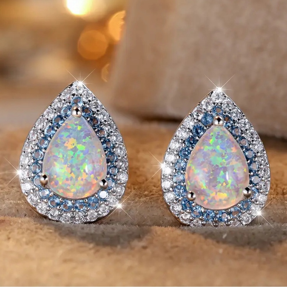 Pear Shaped Blue & White Opal Earrings